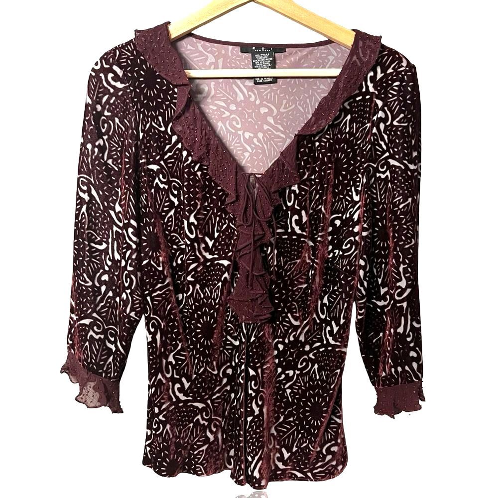 ECI Womens Y2K Red Velvet Burnout Top Sz L Beaded Whimsigoth Fairy Dark Romantic